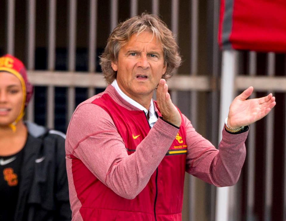 USC men's and women's water polo coach Jovan Vavic is among nearly 50 people charged in an admissions bribery scheme. PICTURED: May 12, 2018 - Los Angeles, California, U.S. - USC head coach JOVAN VAVIC cheers his team on during the game between the USC Trojans vs the UCLA Bruins in the semifinals of the women's NCAA water polo championships at the Uytengsu Aquatics Center. USC defeated UCLA 10-6. (Credit Image: Juan Lainez/Marinmedia/Cal Sport Media/CSM via ZUMA Wire)