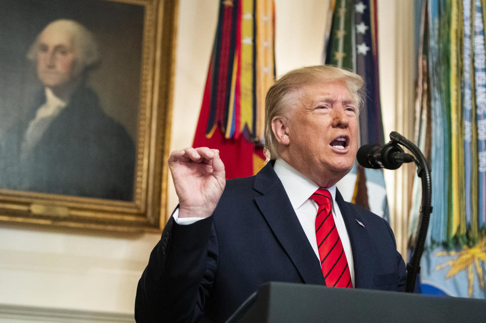 President Donald Trump speaks Sunday, Oct. 27, 2019 in the Diplomatic Room of the White House in Washington, announcing that Abu Bakr al-Baghdadi, the shadowy leader of the Islamic State group who presided over its global jihad and became arguably the world's most wanted man, is dead after being targeted by a U.S. military raid in Syria. (AP Photo/Manuel Balce Ceneta)