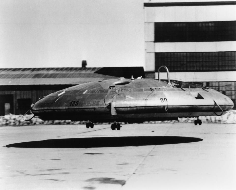 An image of the Avrocar hovering above the ground during a test flight.