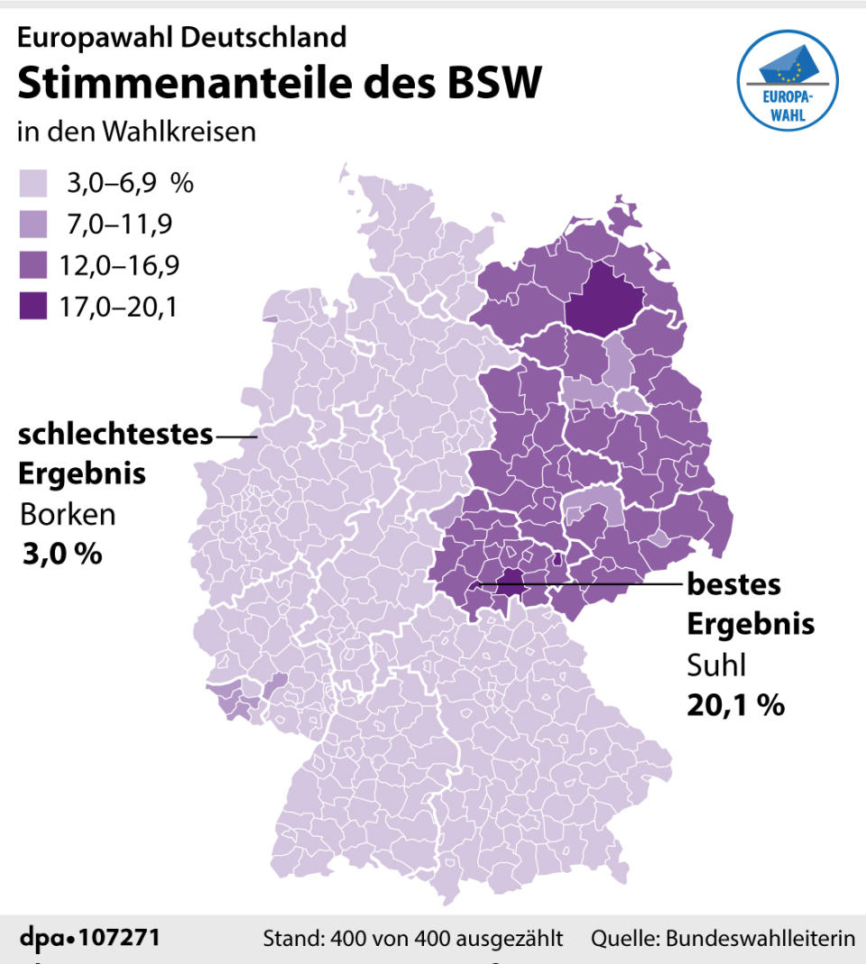 "Ergebnisse des BSW in den Landkreisen": Grafik: A. Brühl, Redaktion: J. Schneider