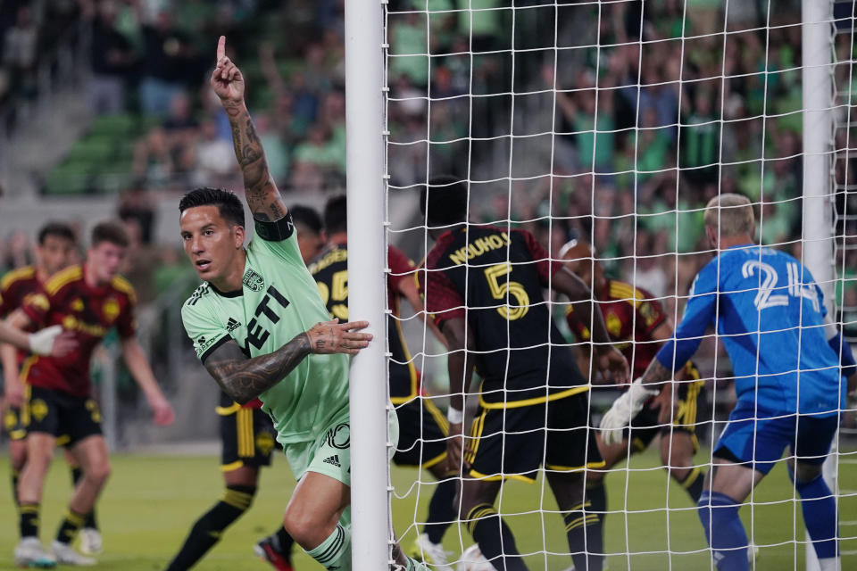 Austin FC forward Sebastián Driussi (10) celebrates his goal against the Seattle Sounders FC during the second half of an MLS soccer match in Austin, Texas, Wednesday, Aug. 30, 2023. (AP Photo/Eric Gay)