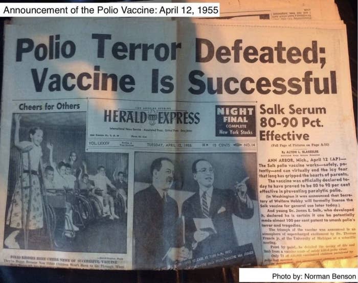 Herald-Express headline: "Polio Terror Defeated; Vaccine Is Successful: Salk Serum 80-90 Pct Effective"