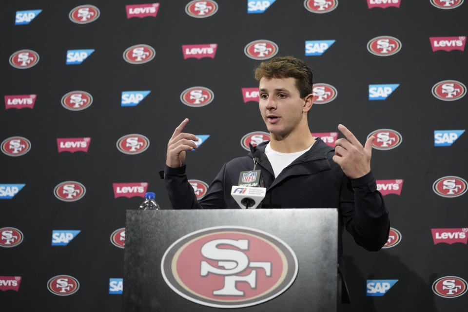 San Francisco 49ers quarterback Brock Purdy speaks at a press conference after the team's NFL football game against the Miami Dolphins in Santa Clara, Calif., Sunday, Dec. 4, 2022. (AP Photo/Godofredo A. Vásquez)