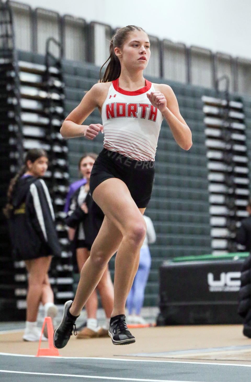 North Hagerstown's Lauren Stine set a county meet record in the girls 3,200, winning in 11:17.24.