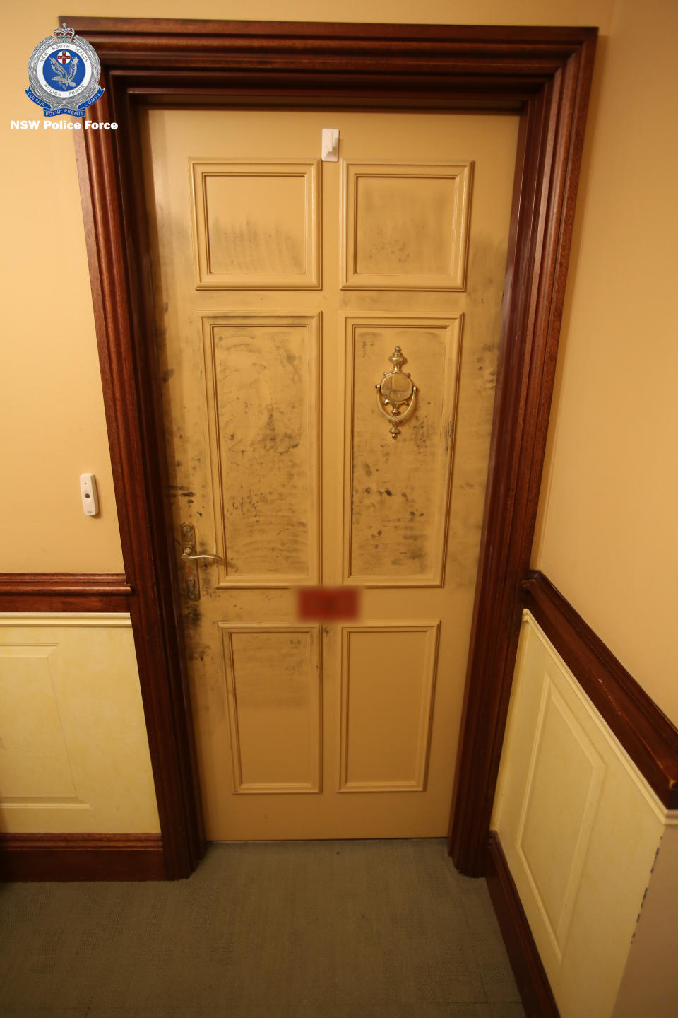 A photo of Patricia's scuffed door at her North Turramurra home was released by police.