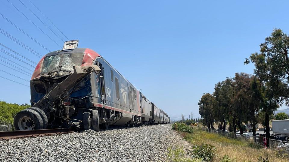 An Amtrak train derailed after a collision with a vehicle in west Moorpark late Wednesday morning.