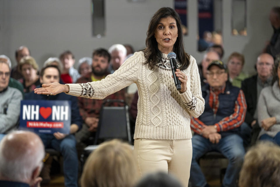 Nikki Haley, former ambassador to the United Nations, speaks during a town hall in Salem, New Hampshire, on March 28, 2023.  / Credit: M. Scott Brauer/Bloomberg via Getty Images  