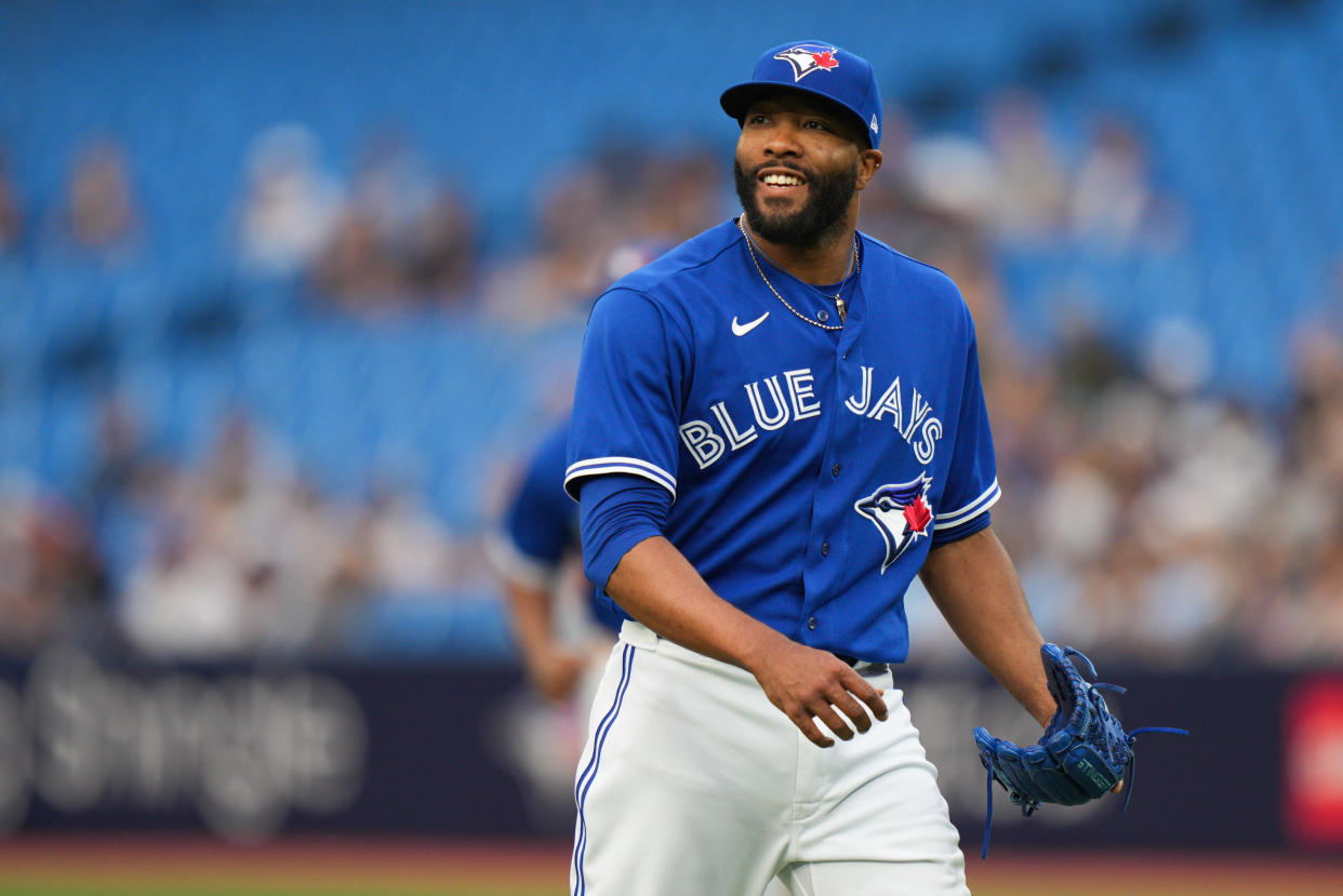 TORONTO,  - JUNE 05:   Jay Jackson #35 of the Toronto Blue Jays looks on in the first inning during the game between the Houston Astros and the Toronto Blue Jays at Rogers Centre on Monday, June 5, 2023 in Toronto, Canada. (Photo by Thomas Skrlj/MLB Photos via Getty Images)