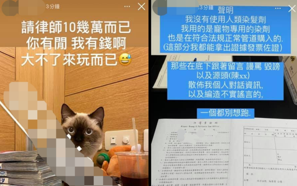 羅女稱自己是使用寵物染毛劑，並嗆吿網友。（翻攝自貓咪也瘋狂俱樂部）