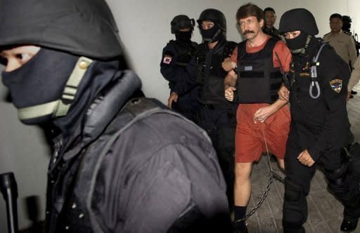 Alleged Russian arms dealer Viktor Bout arrives at a Criminal Court in Bangkok 2010. A US jury Wednesday found a Russian arms dealer, dubbed "the merchant of death," guilty of conspiring to sell missiles to terrorists, in a federal case which has sparked tensions with Moscow