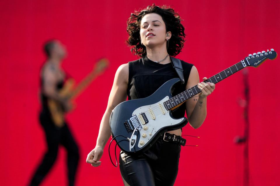 Muna opens for Taylor Swift during the first night of the Cincinnati stop of the Eras Tour at Paycor Stadium in downtown Cincinnati on Friday, June 30, 2023.
