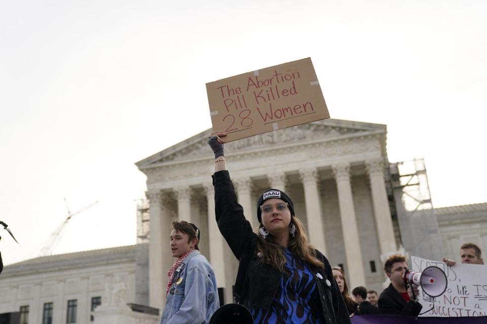 Anti-Abortion rights activist rally in front of the US Supreme Court on March 26, 2024, in Washington, DC. The Court reenters the contentious legal battle over abortion on March 26 as it weighs restrictions on the drug that is most widely used in the US to terminate pregnancies. The conservative-dominated court, which overturned the constitutional right to abortion nearly two years ago, is to hear oral arguments on access to the abortion pill mifepristone. (Photo by Drew Angerer / AFP) (Photo by DREW ANGERER/AFP via Getty Images) ORG XMIT: 776098941 ORIG FILE ID: 2107842233