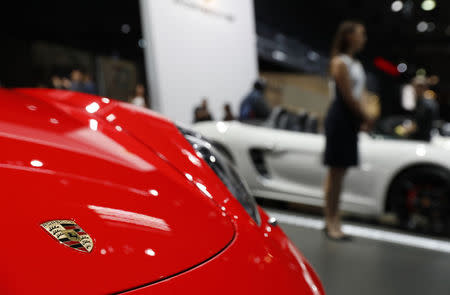 Porsche cars are seen on display at the New York Auto Show in the Manhattan borough of New York City, New York, U.S., March 29, 2018. REUTERS/Shannon Stapleton - HP1EE3T11WKM2