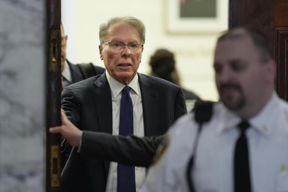 Wayne LaPierre, CEO of the National Rifle Association, leaves a courtroom during a break in New York, Monday, Jan. 8, 2024. The longtime head of the National Rifle Association is resigning, just before the start of a New York civil trial that's poised to scrutinize his leadership of the powerful gun rights organization. The trial in New York Attorney General Letitia James' lawsuit against the NRA, LaPierre and others who have served as organization executives is scheduled to start this week. (AP Photo/Seth Wenig)