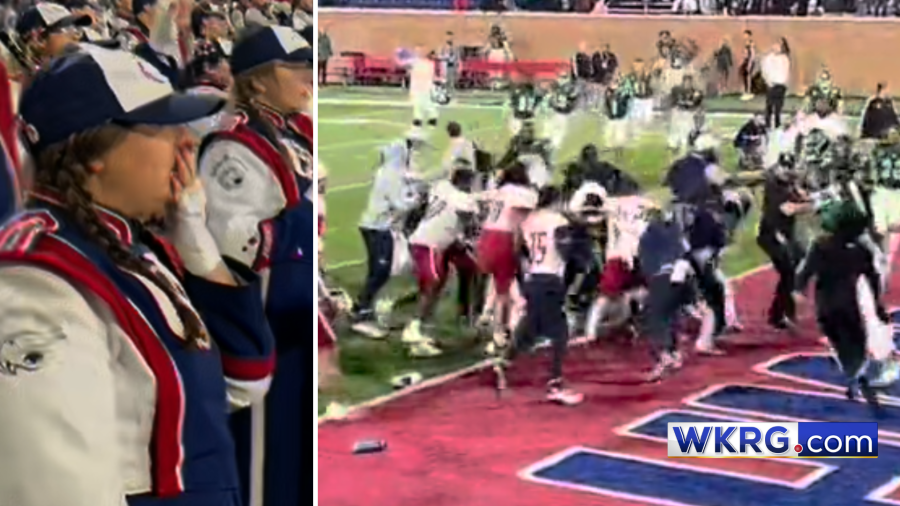 Split screen showing, on the left, a University of South Alabama band member gasping, and on the right, a brawl at Hancock Whitney Stadium.