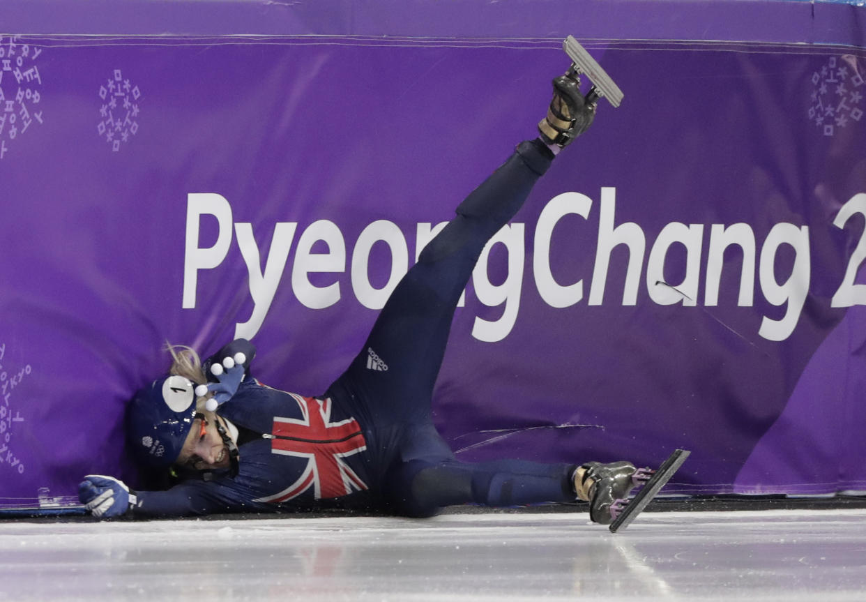 Elise Christie of Britain crashes during her women’s 1500 meters short track speedskating semifinal in the Gangneung Ice Arena at the 2018 Winter Olympics in Gangneung, South Korea, Saturday, Feb. 17, 2018. (AP Photo/Julie Jacobson)