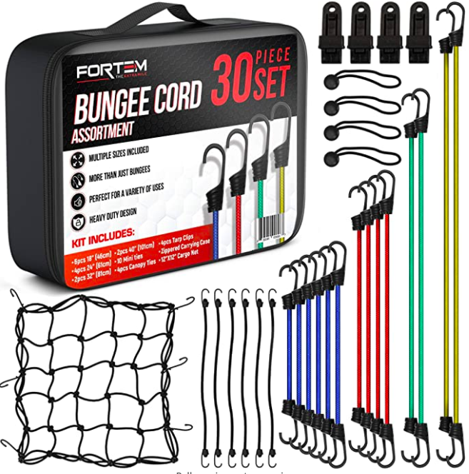 Fortem Bungee Cords with Hooks, 30pc Set, Canopy Ties, Tarp Clips & Ball Bungees, Plastic Coated Metal Hooks, Cargo Net