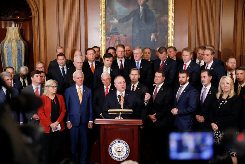 House Minority Whip Steve Scalise (R-LA), delivers remarks during a news conference with members of Congress following a vote in favor of impeachment, in Washington