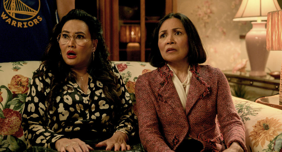 This image released by Universal Pictures shows Tia Carrere, left, and Lydia Gaston in "Easter Sunday." (Ed Araquel/Universal Pictures via AP)