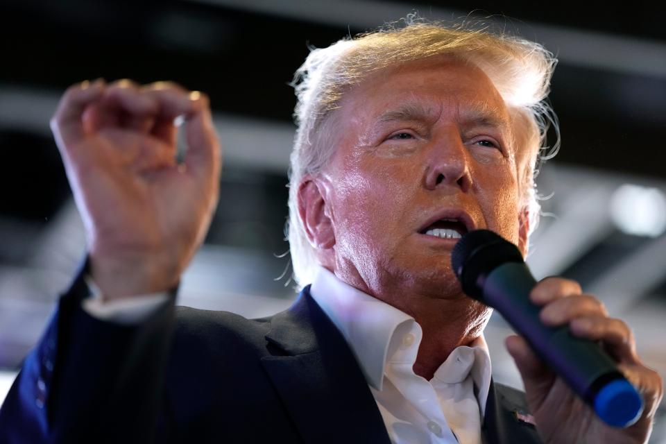 Republican presidential candidate former President Donald Trump speaks to supporters during a visit to the Iowa State Fair, Aug. 12, 2023, in Des Moines, Iowa.