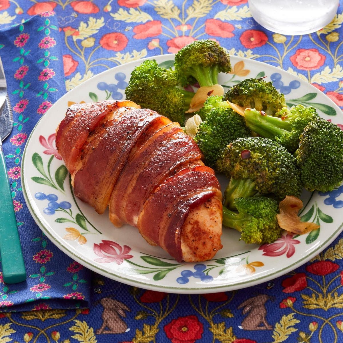 bacon wrapped chicken with garlicky broccoli