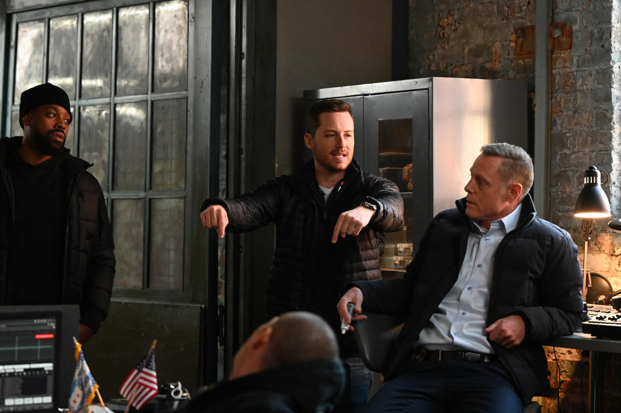 Jesse Lee Soffer on set of NBC's Chicago P.D. alongside LaRoyce Hawkins and Jason Beghe