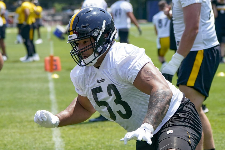 Pittsburgh Steelers center Kendrick Green performs in a blocking drill during an NFL football practice, Thursday, July 22, 2021, in Pittsburgh. (AP Photo/Keith Srakocic)