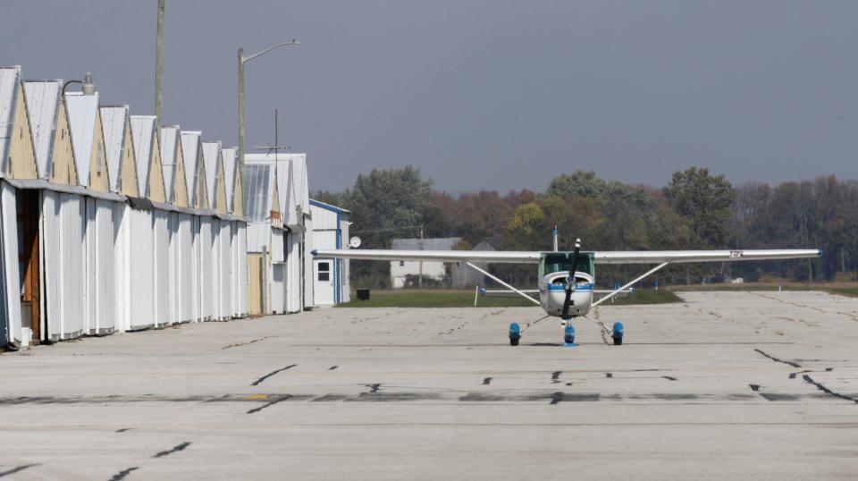 A single-engine plane on the tarmac at the Manitowoc County Airport, Tuesday, October 11, 2022, in Manitowoc, Wis.