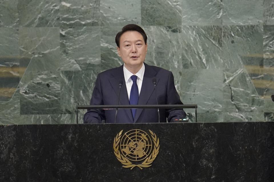 FILE - South Korean President Yoon Suk Yeol addresses the 77th session of the United Nations General Assembly on Sept. 20, 2022 at U.N. headquarters. (AP Photo/Mary Altaffer, File)