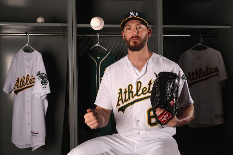 MESA, AZ - FEBRUARY 22: Pitcher John Axford #61 of the Oakland Athletics poses for a portrait during photo day at HoHoKam Stadium on February 22, 2017 in Mesa, Arizona. (Photo by Christian Petersen/Getty Images)