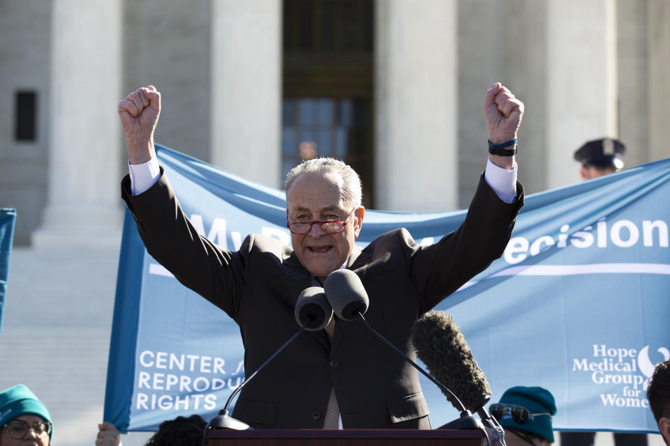 Senate Minority Leader Chuck Schumer, D-N.Y. speaks during abortion rights rally outside of the U.S. Supreme Court in Washington, Wednesday, March 4, 2020. The Supreme Court is taking up the first major abortion case of the Trump era Wednesday, an election-year look at a Louisiana dispute that could reveal how willing the more conservative court is to roll back abortion rights. (AP Photo/Jose Luis Magana)