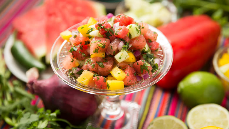 watermelon salsa surrounded by fruit
