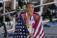 Bronze medalist Anna Hall, of the United States, reacts after the Heptathlon at the World Athletics Championships on Monday, July 18, 2022, in Eugene, Ore. (AP Photo/Gregory Bull)