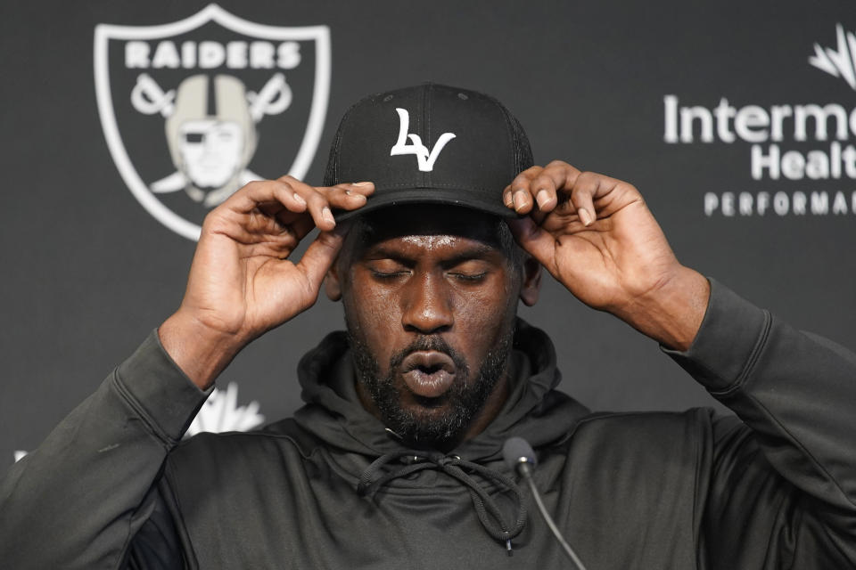 Las Vegas Raiders' Chandler Jones speaks during a news conference at the NFL football team's practice facility Thursday, June 2, 2022, in Henderson, Nev. (AP Photo/John Locher)