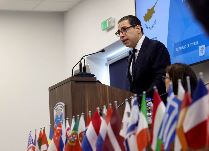 Cyprus Foreign Minister Constantinos Kombos speaks during a meeting for Cyprus Maritime Corridor to Gaza at the Zenon Coordination Centre in Larnaca