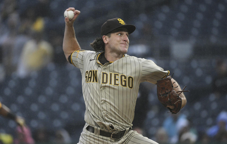 San Diego Padres starting pitcher Reiss Knehr delivers during the first inning of the team's baseball game against the Pittsburgh Pirates, Tuesday, June 27, 2023, in Pittsburgh. (AP Photo/Justin Berl)