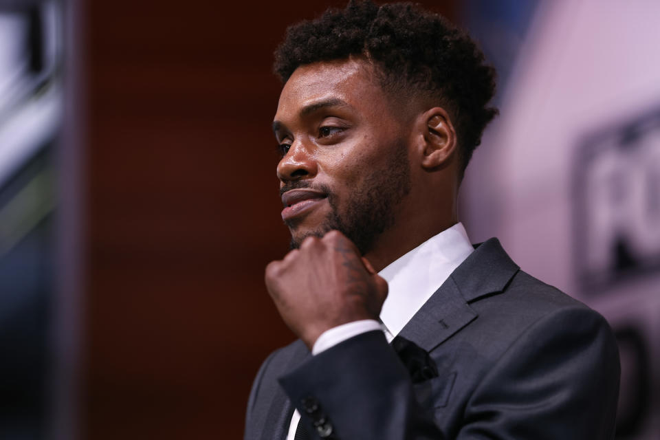 LOS ANGELES, CALIFORNIA - JULY 11: Errol Spence Jr takes the stage during a press conference with Manny Pacquiao at Fox Studios on July 11, 2021 in Los Angeles, California. Their fight is scheduled on Aug. 21, 2021 at T-Mobile Arena in Las Vegas, Nevada. (Photo by Michael Owens/Getty Images)