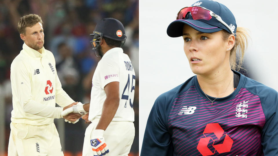 Pictured right, England women's star Alexandra Hartley, with men's Test captain Joe Root on the left.