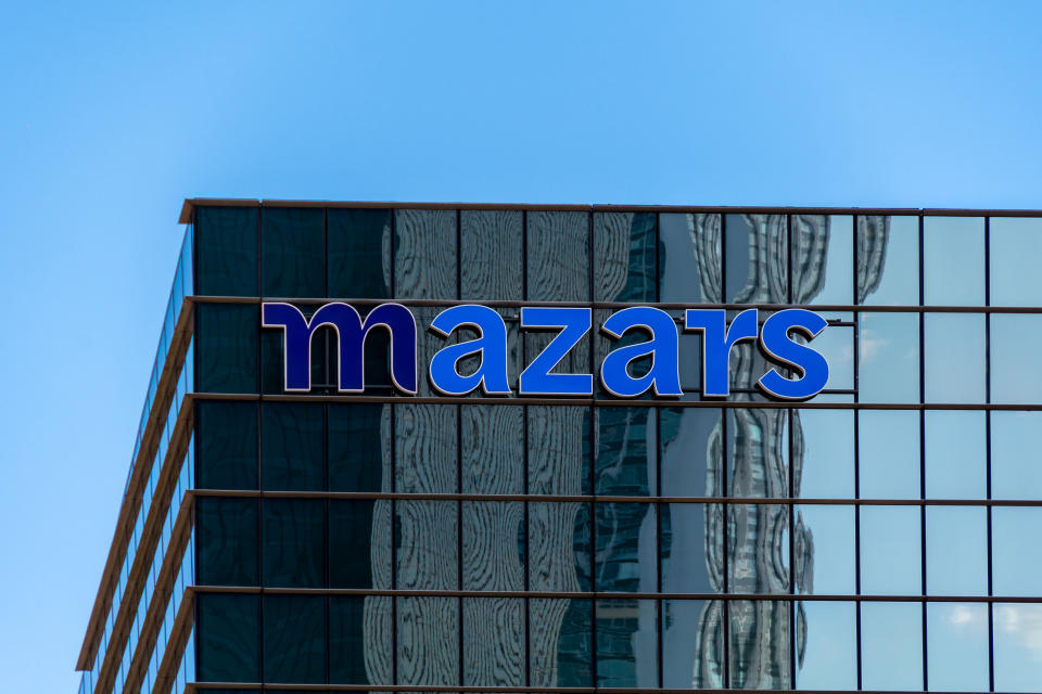 Exterior view of the tower housing the headquarters of Mazars, an audit and consulting firm located in the Paris-La D&#xe9;fense business district