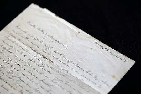 A letter written in Dutch to 76-year-old Holocaust survivor Betty Kazin Rosenbaum by her mother before she was killed in the Holocaust is seen in her house in Zichron Yaakov, Israel, April 10, 2018. REUTERS/Nir Elias