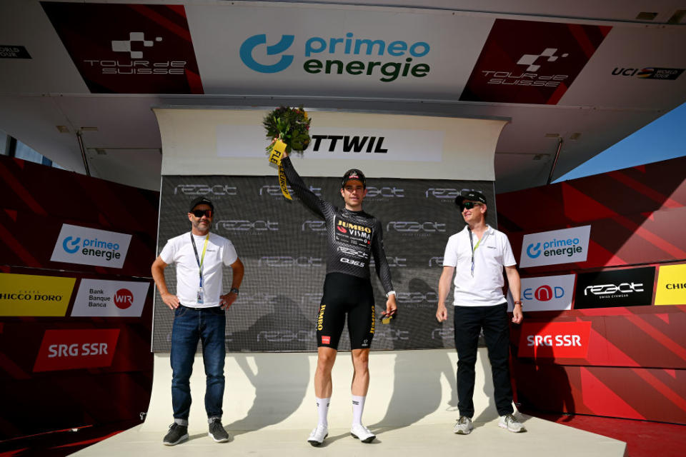 NOTTWIL SWITZERLAND  JUNE 12 Wout Van Aert of Belgium and Team JumboVisma celebrates at podium as Black points jersey winner during the 86th Tour de Suisse 2023 Stage 2 a 1737km stage from Beromnster to Nottwil  UCIWT  on June 12 2023 in Nottwil Switzerland Photo by Dario BelingheriGetty Images