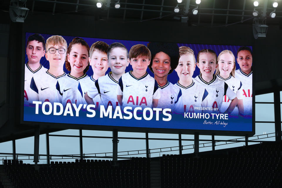 LONDON, ENGLAND - SEPTEMBER 27: Mascots are displayed on the big screen during the Premier League match between Tottenham Hotspur and Newcastle United at Tottenham Hotspur Stadium on September 27, 2020 in London, England. Sporting stadiums around the UK remain under strict restrictions due to the Coronavirus Pandemic as Government social distancing laws prohibit fans inside venues resulting in games being played behind closed doors. (Photo by Tottenham Hotspur FC/Tottenham Hotspur FC via Getty Images)