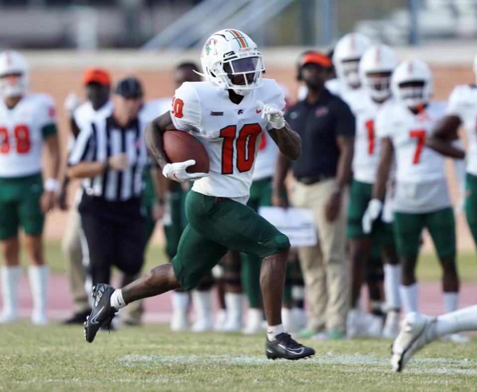 FAMU wide receiver Jah'Marae Sheread races 59 yards for a punt return touchdown in the 31-28 win over Mississippi Valley State on Saturday, Oct. 23, 2021.