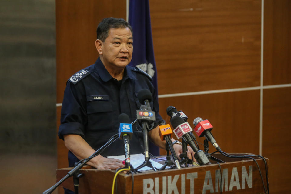 Inspector-General of Police Tan Sri Abdul Hamid Bador speaks during a press conference in Kuala Lumpur April 6, 2020. — Picture by Firdaus Latif