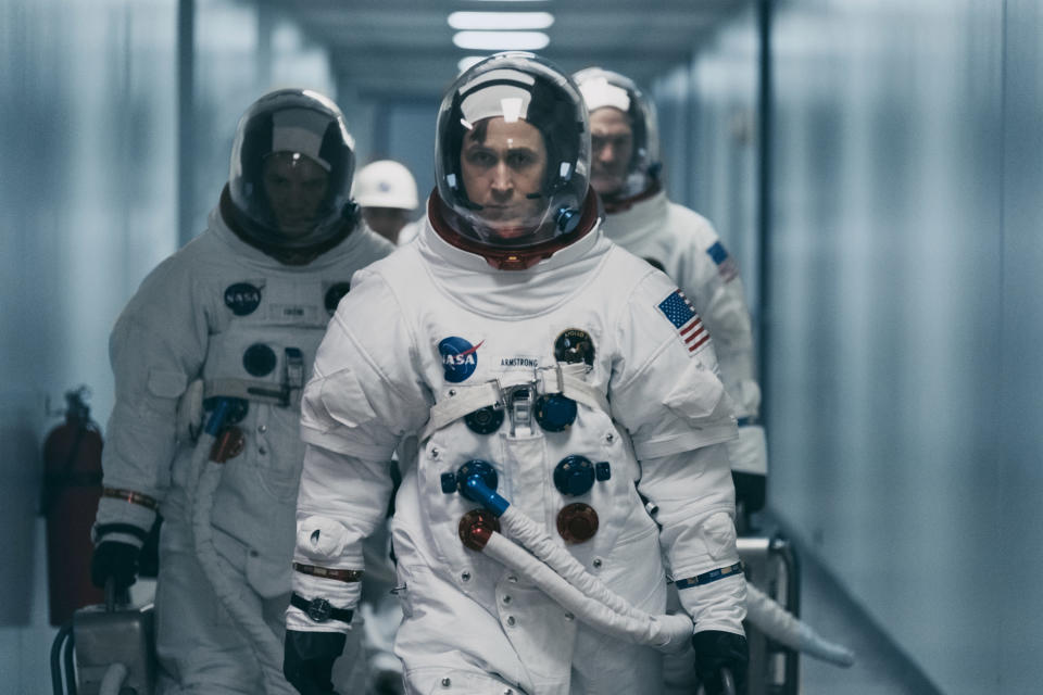 This image released by Universal Pictures shows Ryan Gosling in a scene from “First Man.” (Daniel McFadden/Universal Pictures via AP)