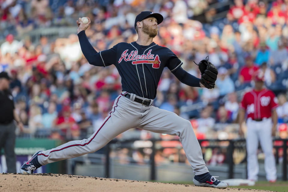 WASHINGTON, DC - JUNE 22: Mike Foltynewicz #26 of the Atlanta Braves pitches against the Washington Nationals during the first inning at Nationals Park on June 22, 2019 in Washington, DC. (Photo by Scott Taetsch/Getty Images)