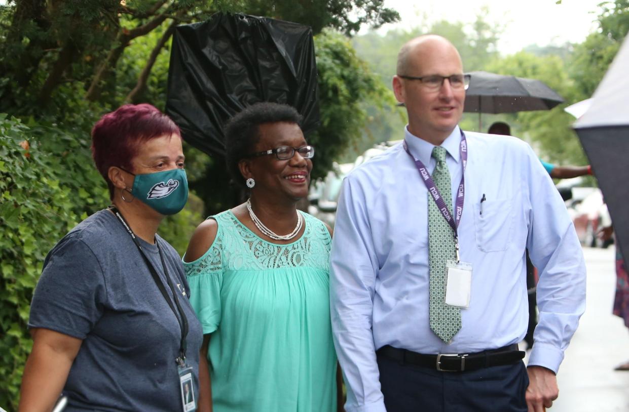 From left are Hendersonville City Council Member Debbie Roundtree, Melinda Lowrance and City Manager John Connet. They held a ceremony for a historical marker unveiling at the Landina House in June 2022.
