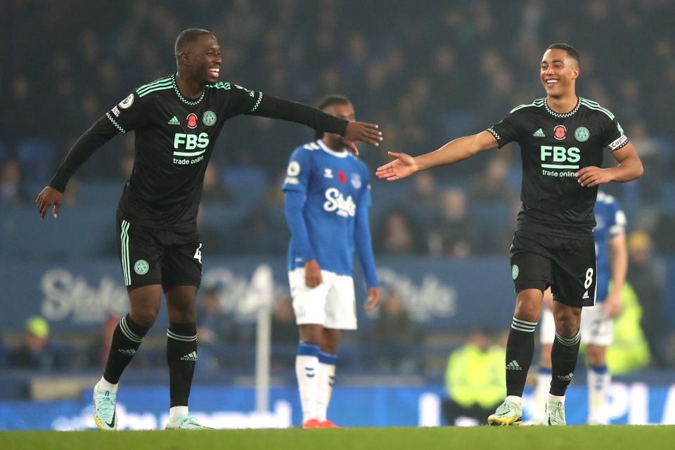 Youri Tielemans (right) celebrates after scoring Leicester’s opening goal against Everton (Isaac Parkin/PA) (PA Wire)