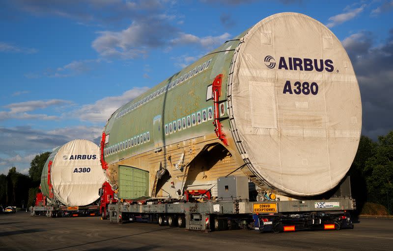 A fuselage section of the last Airbus A380 airplane is transported in the village of L'Isle-Jourdain near Toulouse