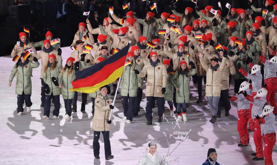 <p>Germany’s color scheme leaves it with a lot to work with. Red, black and yellow — all solid colors. And they went with brown jackets? Not the best outfits on Friday night’s ceremony. </p>